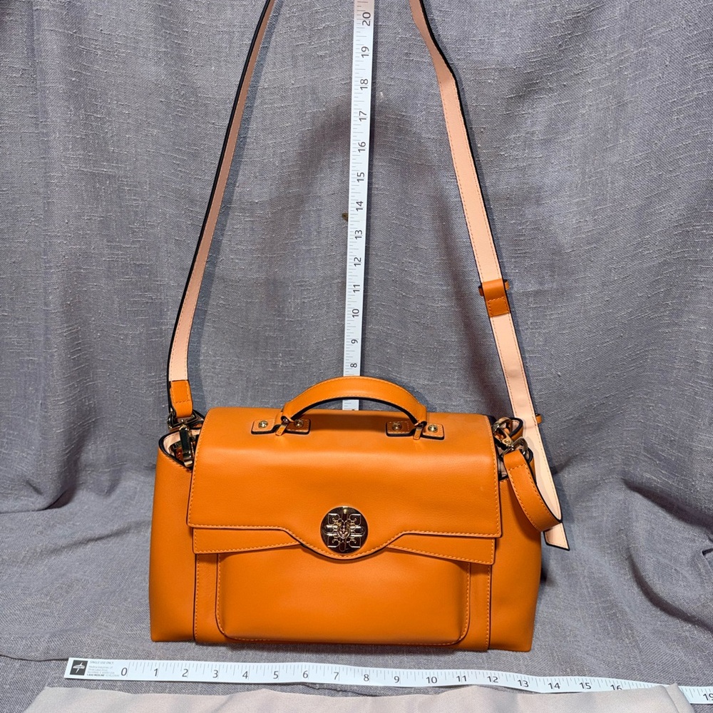 Structured Orange Leather Top-Handle Satchel with Gold-Tone Clasp - Picture 2 of 9